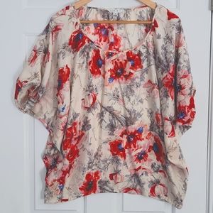 CAbi Silk Floral Blouse Red Cream & Navy Flowers Womans Size: Medium Top
